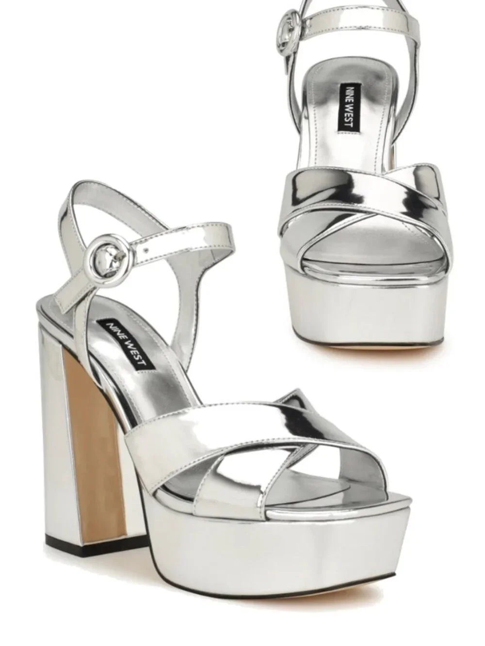 NINE WEST Vallen3 Silver Mirror Metallic Strappy Platform